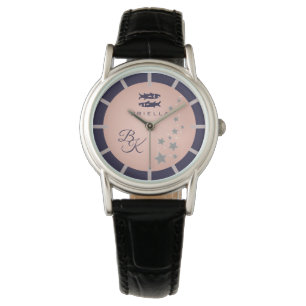Montre Zodiac Poissons Élégant Rosé Bleu foncé Monogramme