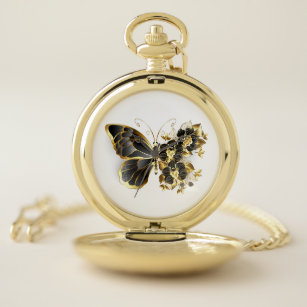 Montres De Poche Gold flower Butterfly with Black Orchid