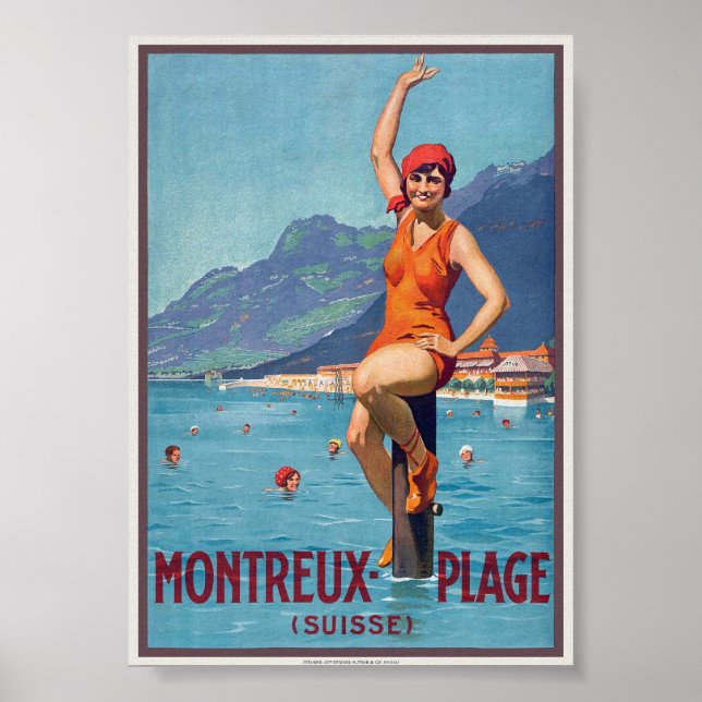 Montreux Plage Suisse Vintage Poster ca. 1920 (Vorne)