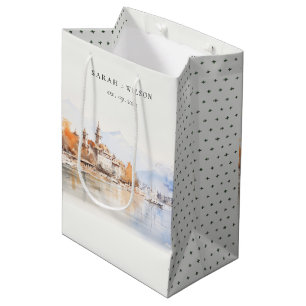 Montreux Schweiz Aquarell-Landschaft Hochzeit Mittlere Geschenktüte