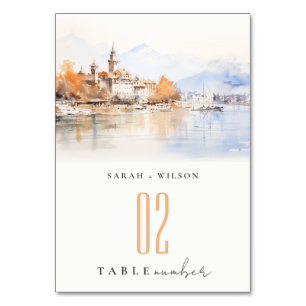 Montreux Schweiz Aquarell-Landschaft Hochzeit Tischnummer