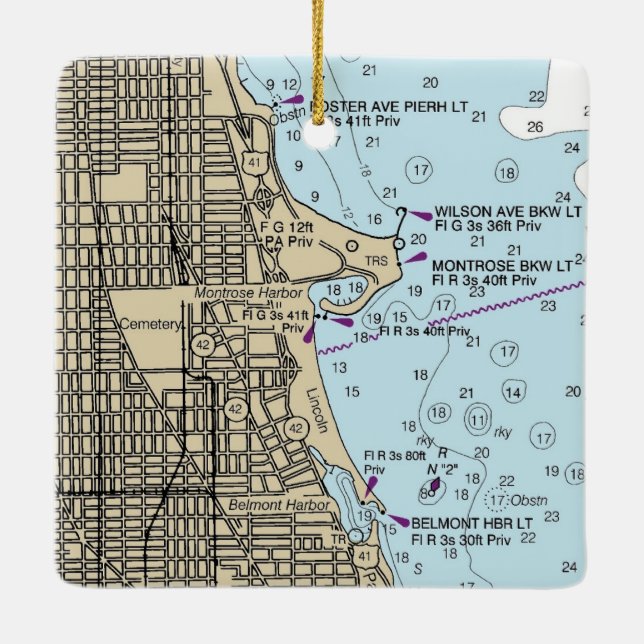 Montrose Harbour Chicago Lakefront Chart Keramikornament (Rückseite)