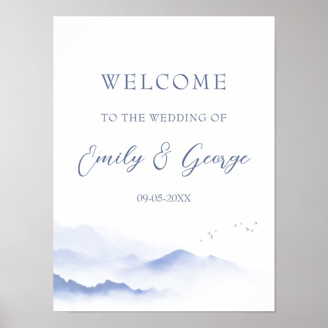 Monts et oiseaux bleus poster de bienvenue mariage (Devant)