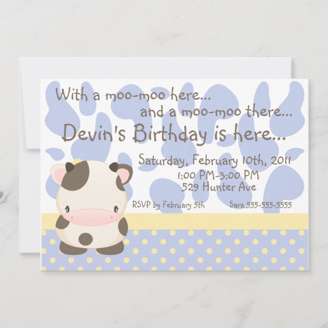 Moo-Cow Blue Birthday Einladung auf der Diddles-Fa (Vorderseite)