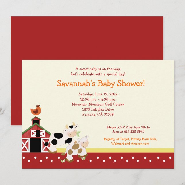 Moo Cow Farm Barnyard Baby Shower Einladungen 12x1 (Vorne/Hinten)
