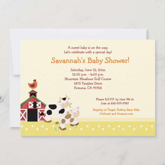Moo Cow Farm Barnyard Baby Shower Invitations 5x7 (Devant)