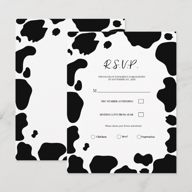 Moo Cow Spots Print Black & White Wedding RSVP Einladung (Vorne/Hinten)