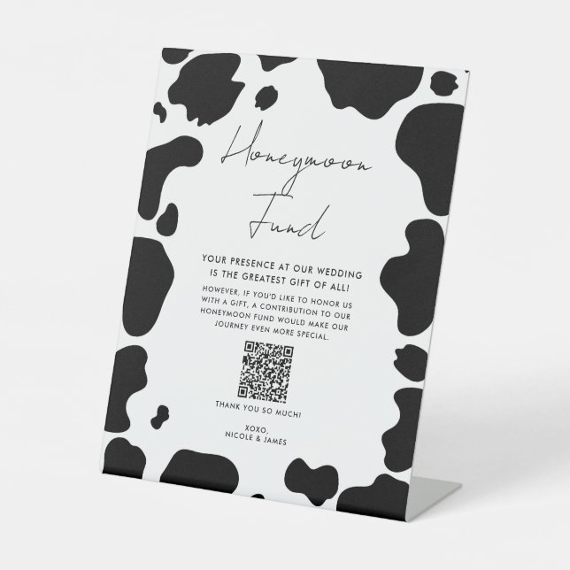 Moo Cow Spots Schwarz-weiße Hochzeitsflitterwochen Sockelschild (Vorderseite)