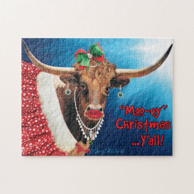 "MOO"-ey Christmas, Longhorn Cow (Horizontal)