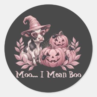 Moo I Mean Boo Süße Hexenkuh & rosa Kürbisse Runder Aufkleber