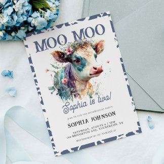 Moo Moo Cow Print Farm Girl 2. Geburtstag Einladung