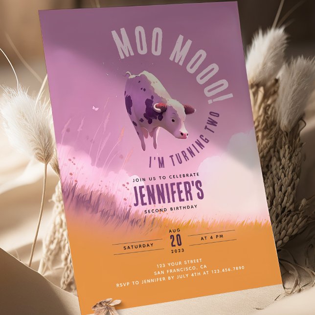 Moo Moo I bin zwei Niedliche Pink Girl 2. Geburtst Einladung (Von Creator hochgeladen)