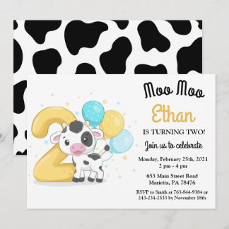 Moo Moo Ich bin zwei Kuh 2. Geburtstag Party Einla Einladung