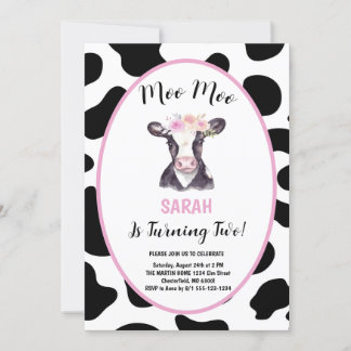 Moo Moo Ich bin zwei Kuh Girl 2. Geburtstag Party Einladung