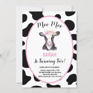 Moo Moo Ich bin Zwei Kuh Mädchen 2. Geburtstagsfei Einladung