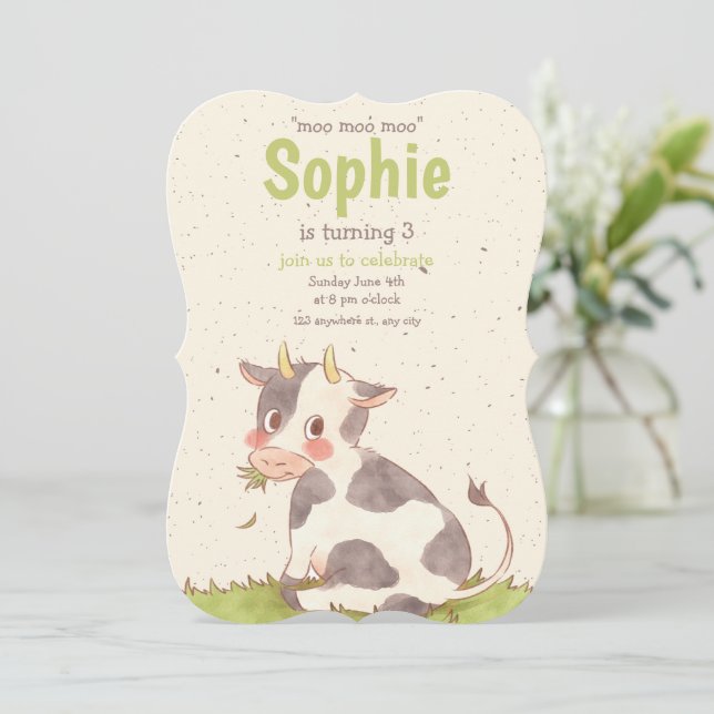 Moo Moo Moo Fille de Vache Anniversaire Invitation (Debout devant)