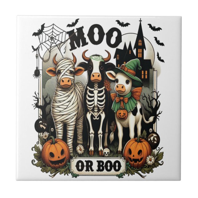 Moo oder Boo Halloween-Kuh Fliese (Vorderseite)