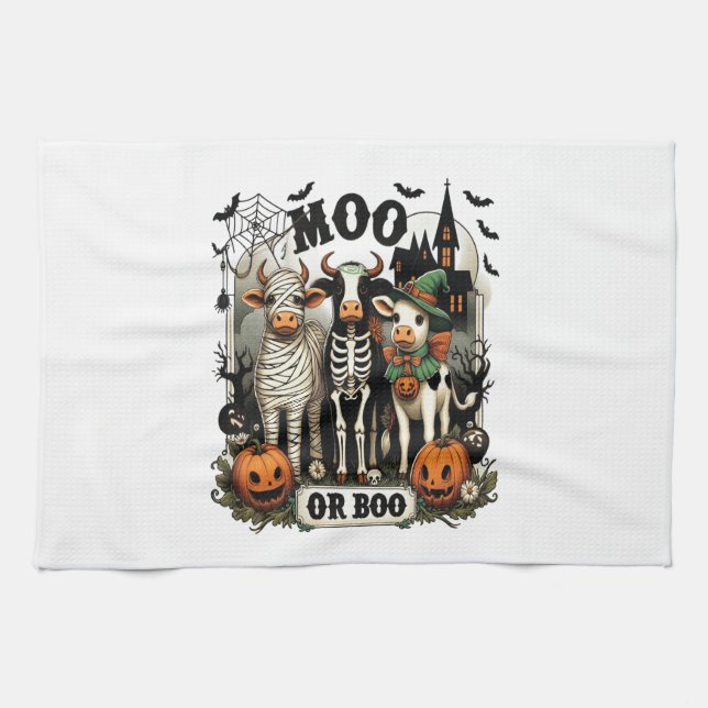 Moo oder Boo Halloween-Kuh Geschirrtuch (Horizontal)