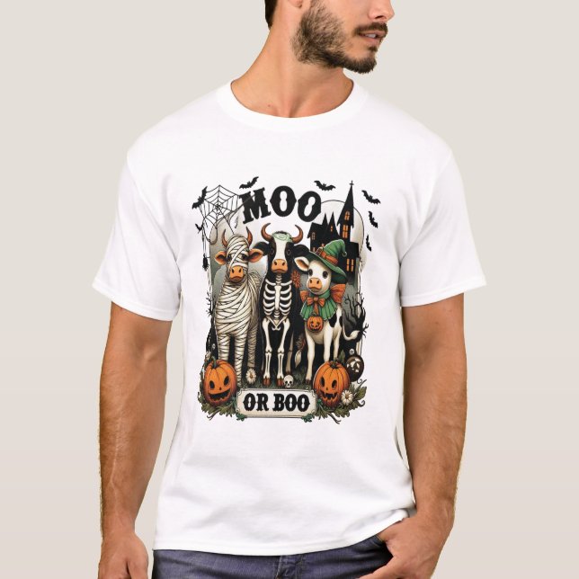 Moo oder Boo Halloween-Kuh T-Shirt (Vorderseite)