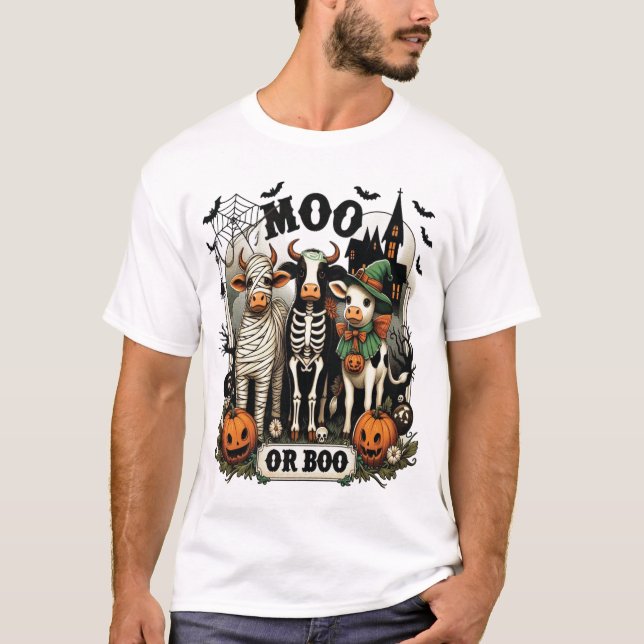 Moo oder Boo Halloween-Kuh T-Shirt (Vorderseite)