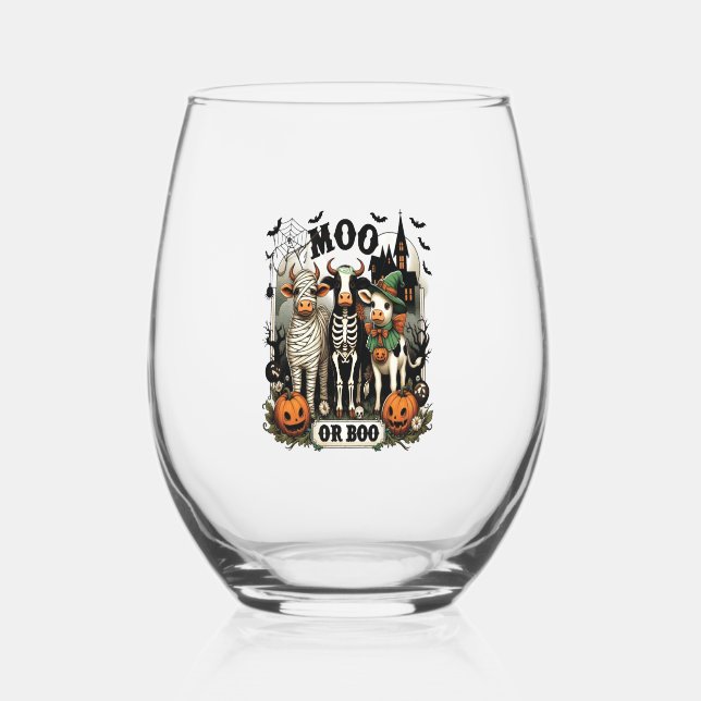 Moo oder Boo Halloween-Kuh Weinglas Ohne Stiel (Vorderseite)