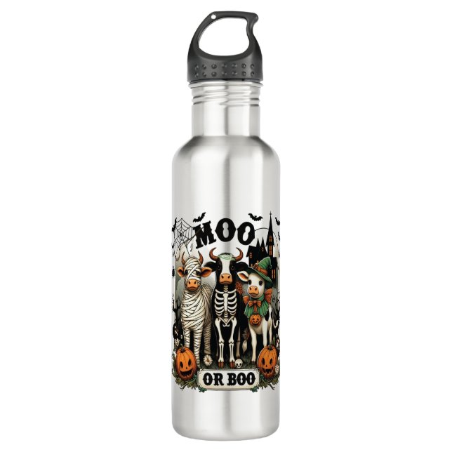 Moo or Boo Halloween Cow Edelstahlflasche (Vorderseite)
