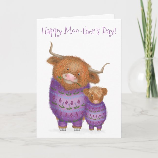 "Moo-ther" & Baby Highland Cow Mutter Day Card Karte (Vorderseite)