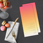 Mood Gradient Wedding Hot Summer ID741 Menükarte<br><div class="desc">Der Hintergrund für die Stücke in diesem minimalistischen Hochzeitsfest Set ist ein auffälliger Farbverlauf von tiefer Rose Rosa über Mandarine und Gelb bis Weiß. Die Hochzeitskarte bietet ein elegantes, modernes Layout und einen zeitgenössischen serifenlosen Schriftart, der den Charme des Hauses noch verstärkt. Fügen Sie einfach Ihre Menüauswahl, Initialen und das...</div>