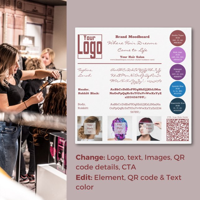 Moodboard-Karte für den Friseursalon Einladung (Hair Stylist Brand Identity Card, Logo, Type, Impression, Brand Colors)