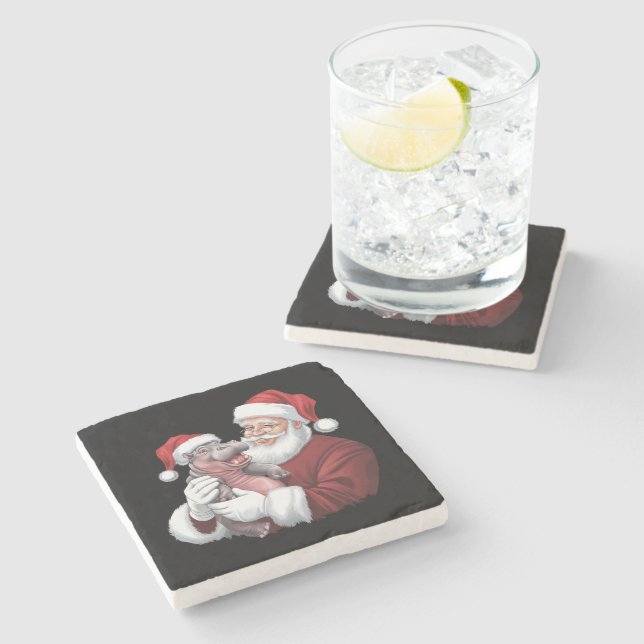 Moodeng Christmas Funny Vintager Weihnachtsmann Steinuntersetzer (Seitenansicht)