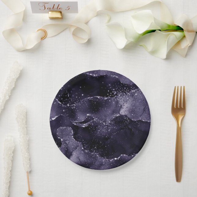 Moody Agate | Midnight Indigo Deep Lila Glam Pappteller (Hochzeit)