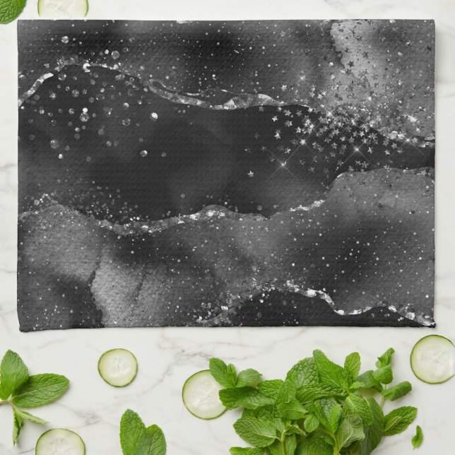 Moody Agate | Onyx Black Silver Vampy Goth Glitzer Geschirrtuch (Gefaltet)