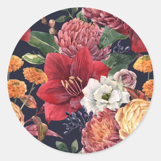 Moody Amaryllis und Chrysanthemum Floral Wedding Runder Aufkleber (Vorderseite)