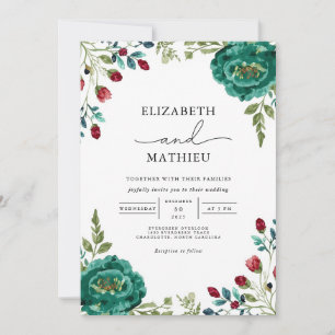 Moody Aquamarin Floral Botanical Wedding Einladung