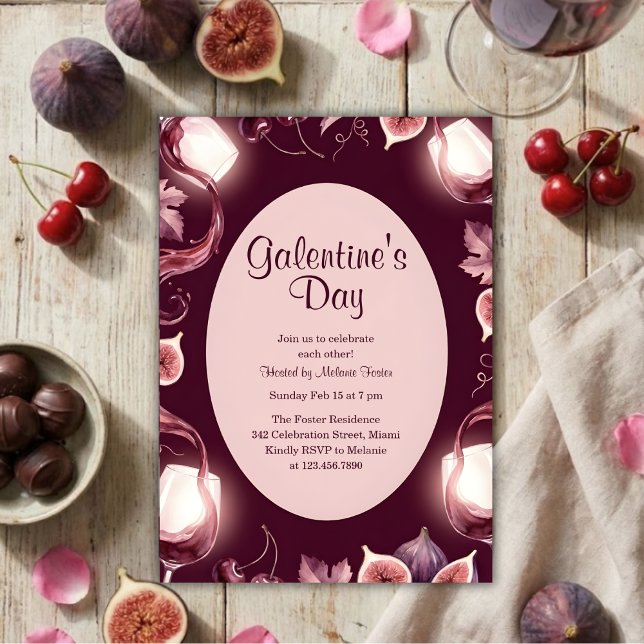Moody Berry Figs Galentine’s Day Wine Night Einladung (Galentine’s Day Wine Night Figs & Rosé, Moody Berry, Personalized)