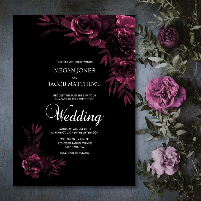 Moody Black and Pink Floral Wedding Einladung (Von Creator hochgeladen)