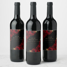 Moody Black Burgundy Roses Wedding  Weinetikett