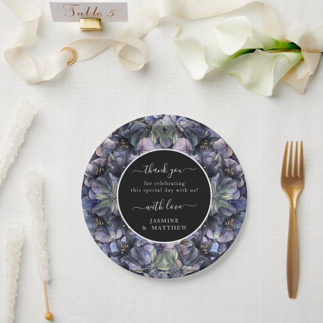 Moody Black Floral Classic Thank You Chic Wedding Pappteller (Hochzeit)