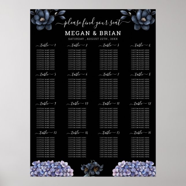 Moody Black Floral Classic Wedding Seating Chart Poster (Vorne)