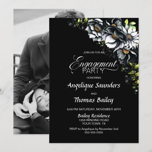 Moody Black Floral Custom Foto Engagement Party Einladung (Vorne/Hinten)