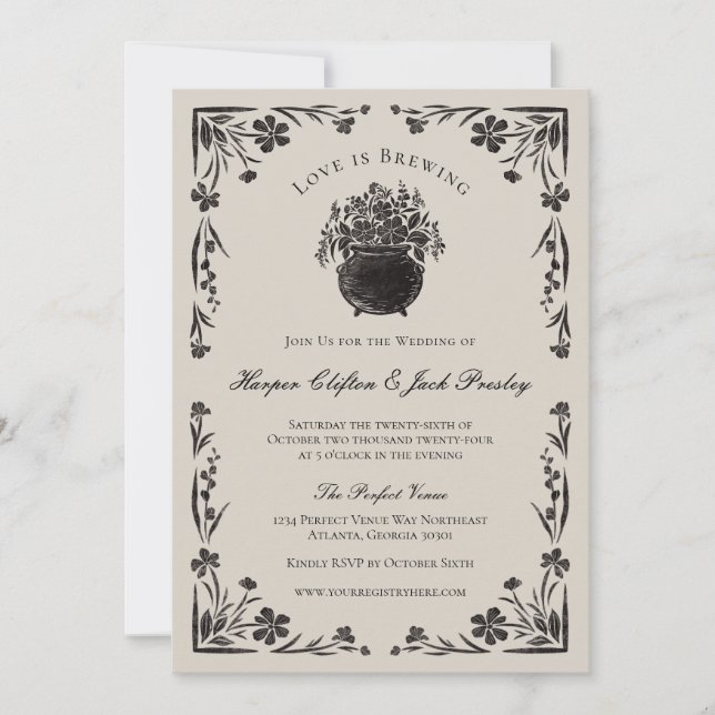 Moody Black Floral Faire-part de mariage gothique (Devant)