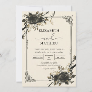 Moody Black Floral Gothic Botanical Wedding Einladung