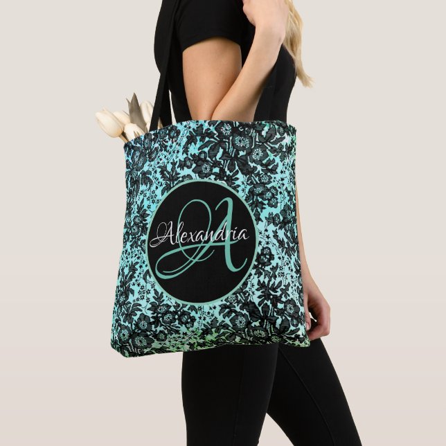 Moody Black Floral on Turquoise Monogram Tasche (Von Nahem)