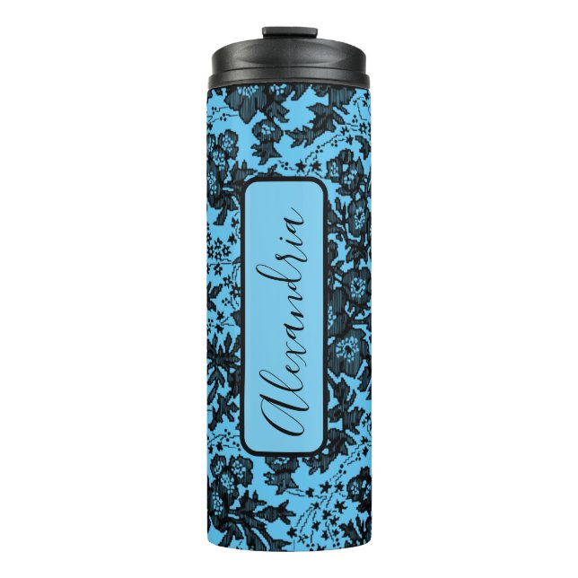 Moody Black Floral Personalisiert in Pink Thermosbecher (Vorderseite)