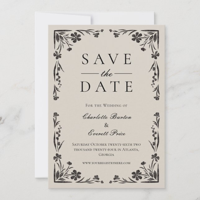 Moody Black Floral Save the Date Einladung (Vorderseite)