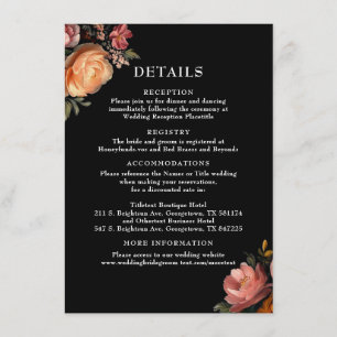 Moody Black Floral Wedding Details Eintrittskarte Begleitkarte