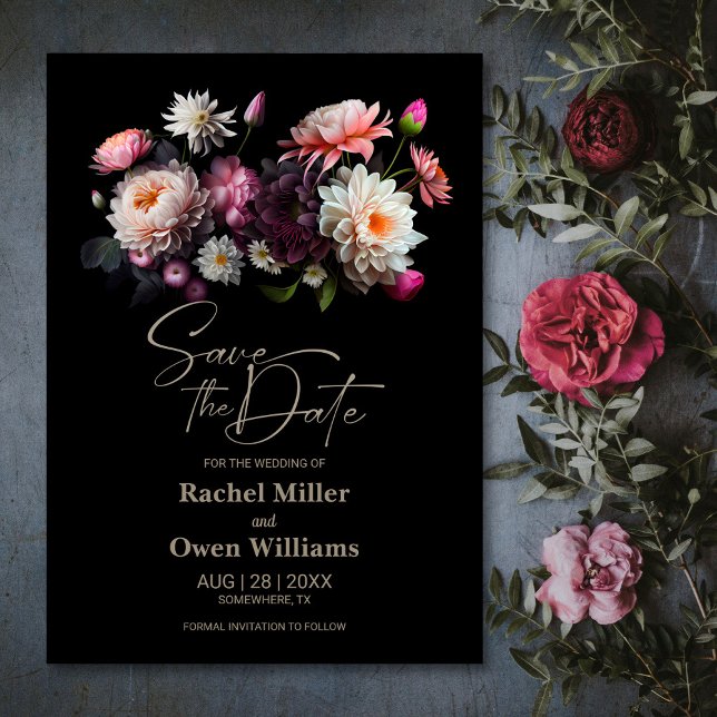 Moody Black Floral Wedding Save the Date (Von Creator hochgeladen)