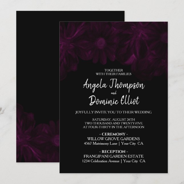 Moody Black mit Pink Floral Wedding Einladung (Vorne/Hinten)