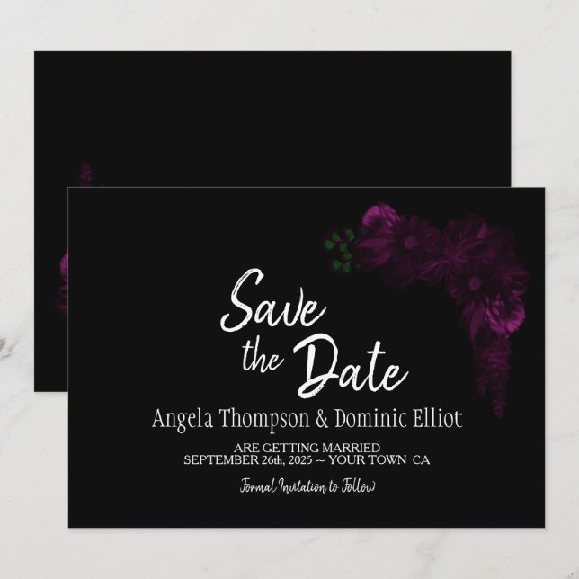 Moody Black mit Pink Floral Wedding Save the Date (Vorne/Hinten)