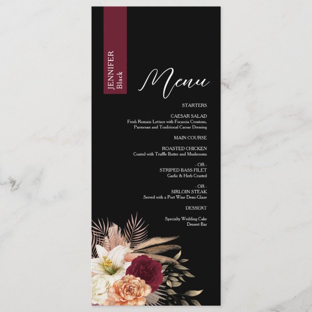Moody Black Wedding Menu mit Gast Name Menükarte (Vorderseite)